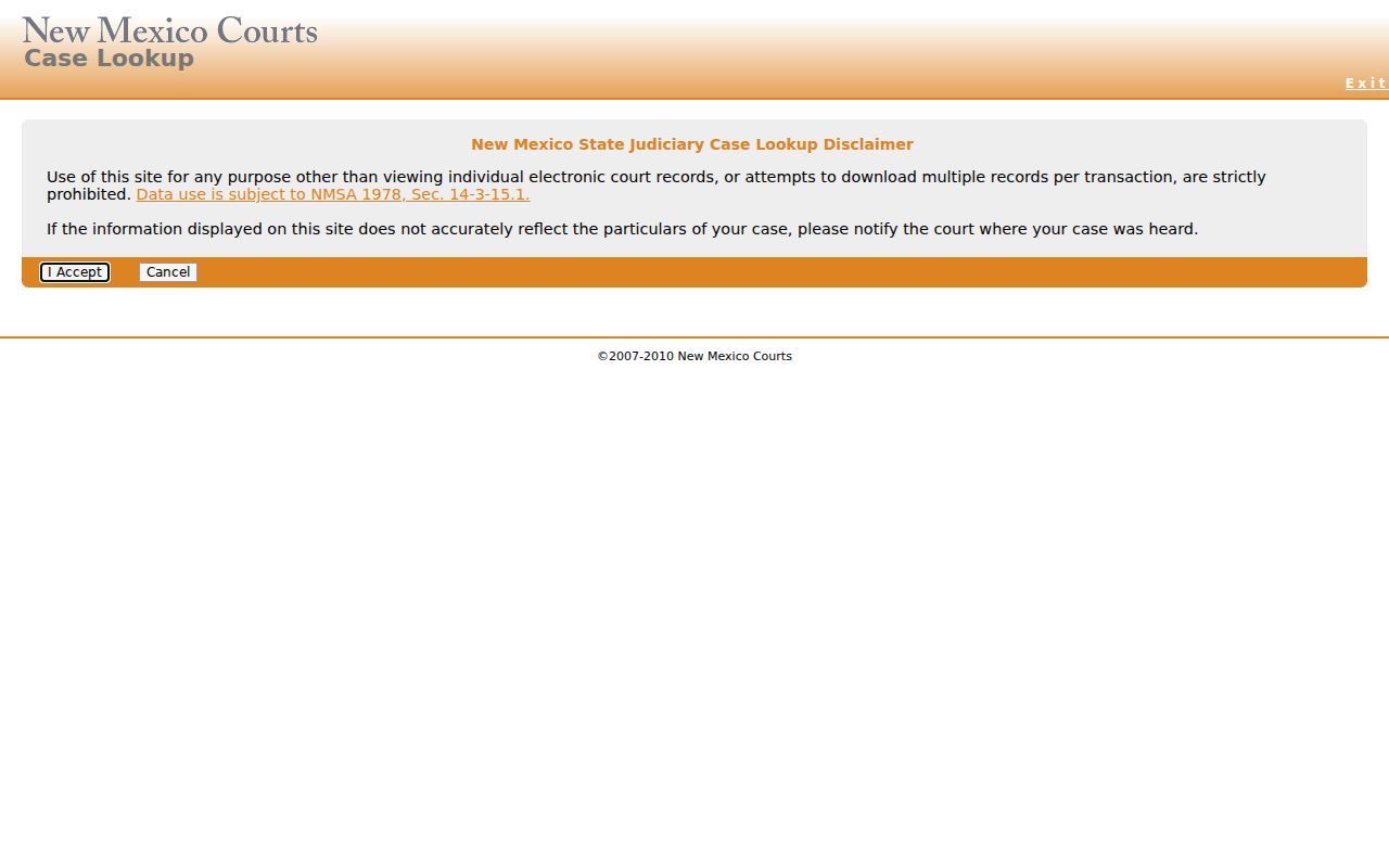 New Mexico Case Lookup disclaimer for Hidalgo County warrant records access